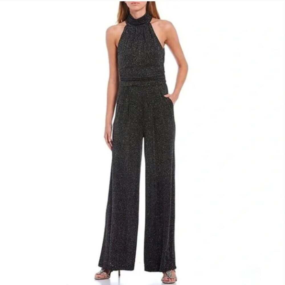 Eliza J Glitter Halter Wide Leg Black Jumpsuit - SHOW STOPPER! Size 6